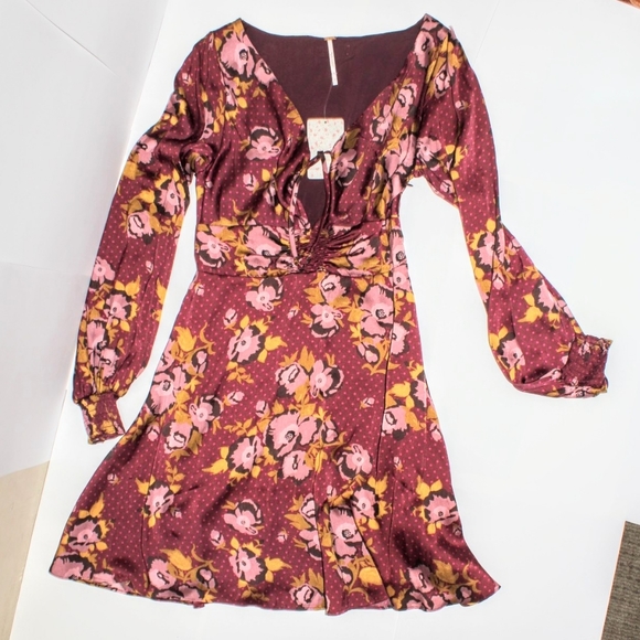 NWT Free People Com Light Floral Satin Long Sleeve Polka Dot Mini Dress … - Picture 2 of 12